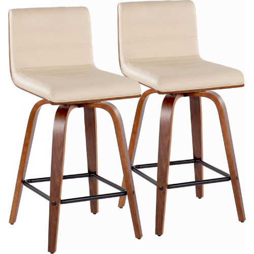 Vasari 26" Swivel Counter Stool in Walnut Wood & Cream Leatherette w/ Black Footrest (Set of 2)